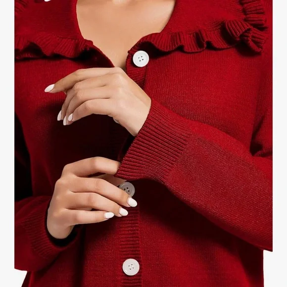 Chic Ruffled Burgundy Cardigan Sweater - Picture 2 of 3